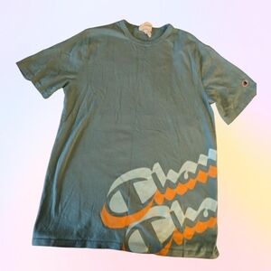 Blue champion heavyweight t-shirt with wrap around logo text, size mens large